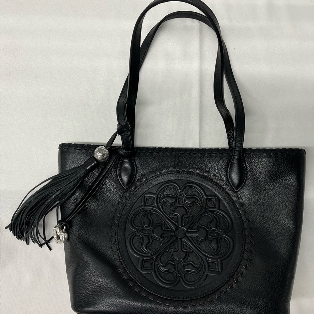 Black Leather Tote Bag with Embossed Design